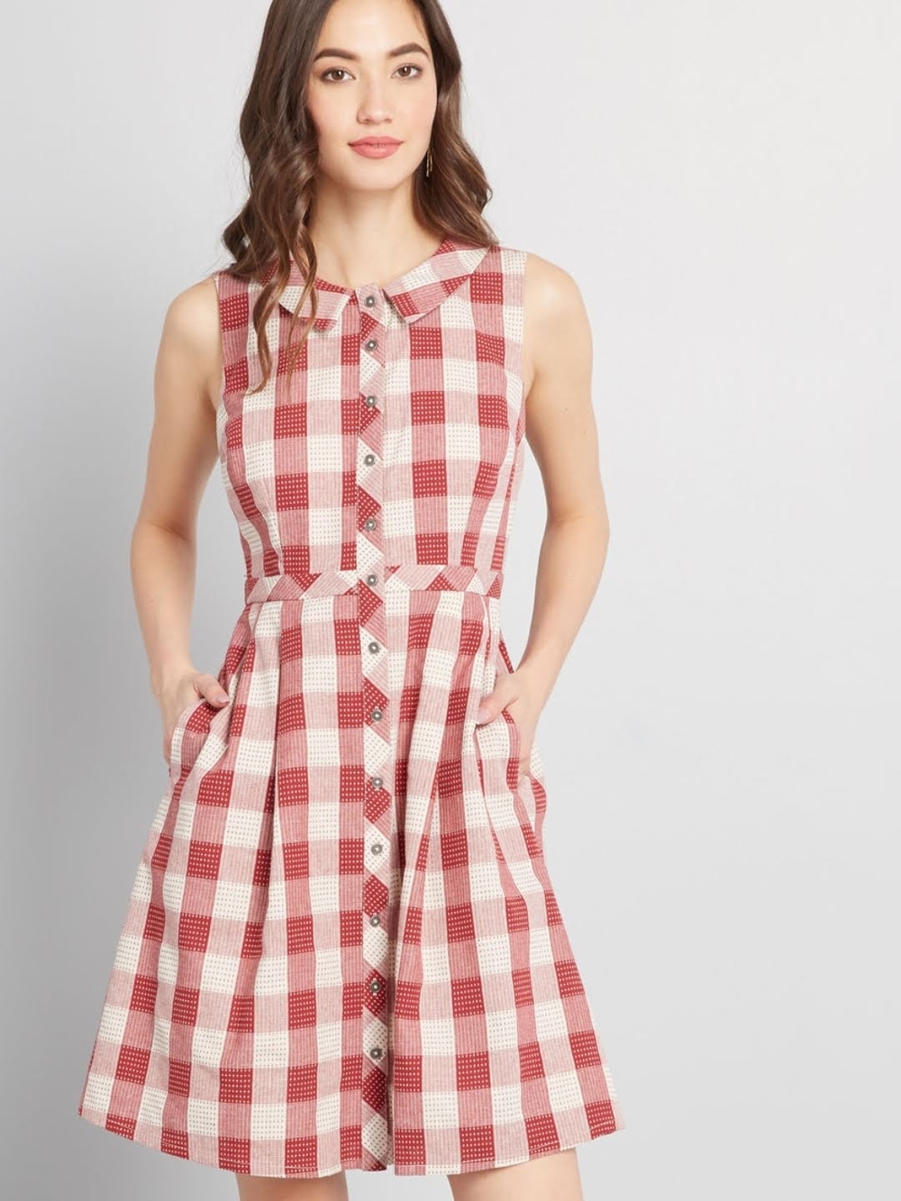 Modcloth Sleeveless Red Check Button-Front Dress Size 14